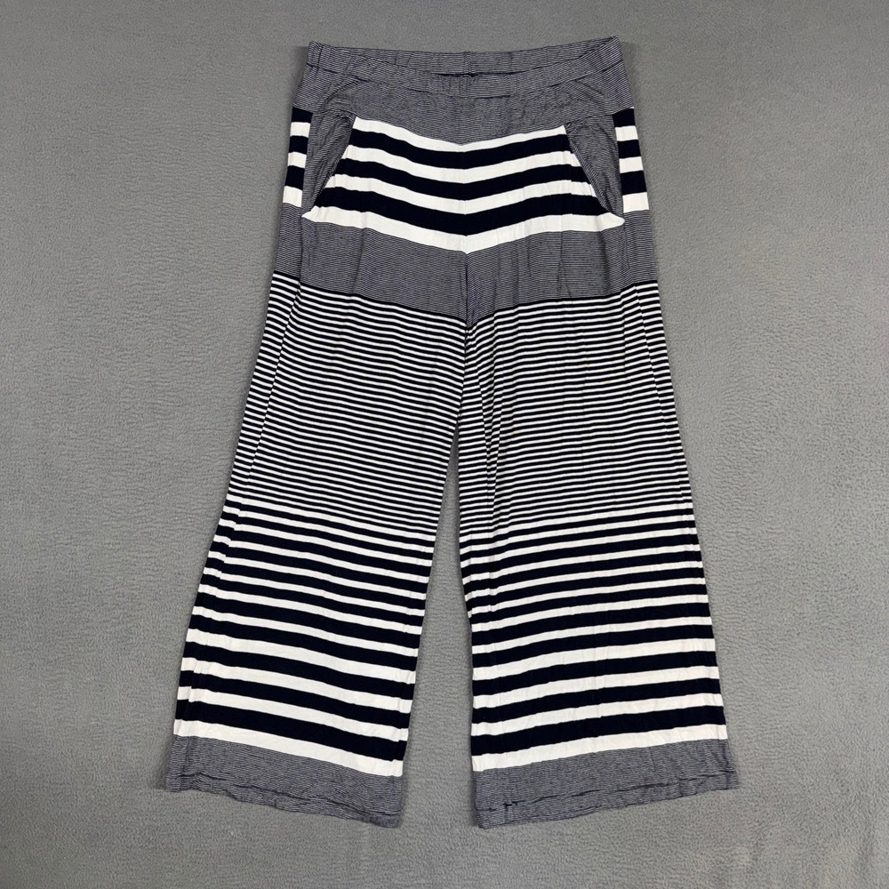 Democracy Pants Womens Medium Navy Blue Wide Leg Striped Pull On Slinky Stretch